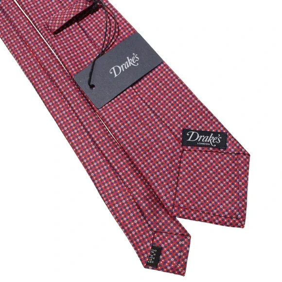 Drake's NWT Neck Tie in Red with Blue & White Geometric Pattern 100% Silk